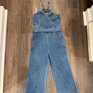 Lulu's Medium Blue Denim Halter Wide-Leg Overalls